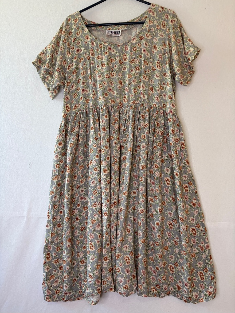 Vintage 90s Extra Touch Gray Floral Rayon Babydoll Midi Dress Short Sleeve L
